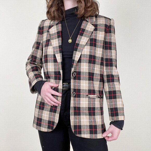 Vintage Linen Plaid Oversized Blazer Jacket Pea Coat Preppy Academia Old Money - Picture 4 of 6